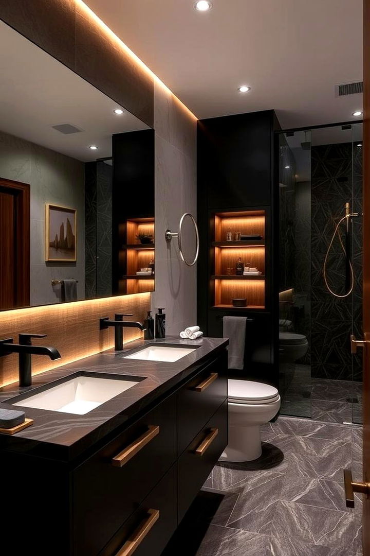 Dramatic Black Vanity Focus - 22 Black and Wood Bathroom Ideas