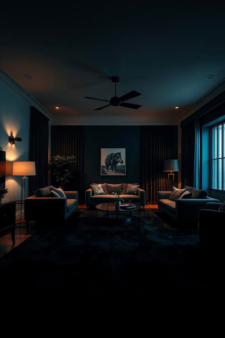 Dramatic Lighting Effects - 22 Black Carpet Living Room Ideas