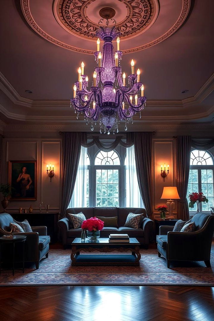 Dramatic Purple Chandeliers - 22 Purple Living Room Ideas