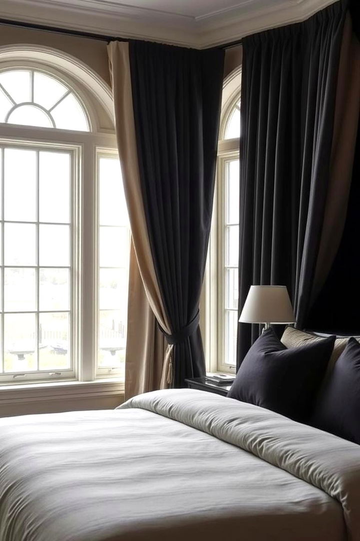 Dramatic Statement Draperies - 22 Black and Beige Bedroom Design Ideas
