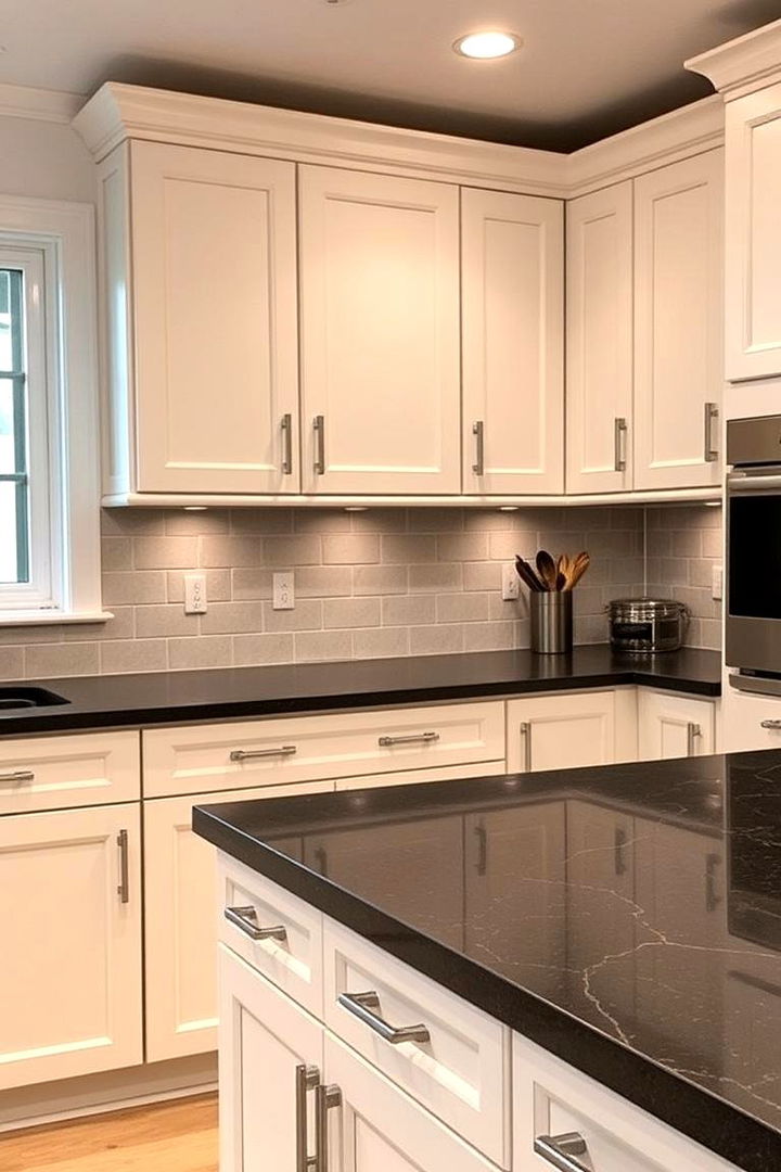 Durable Material Advantage - 22 kitchen with dark countertops and light cabinets