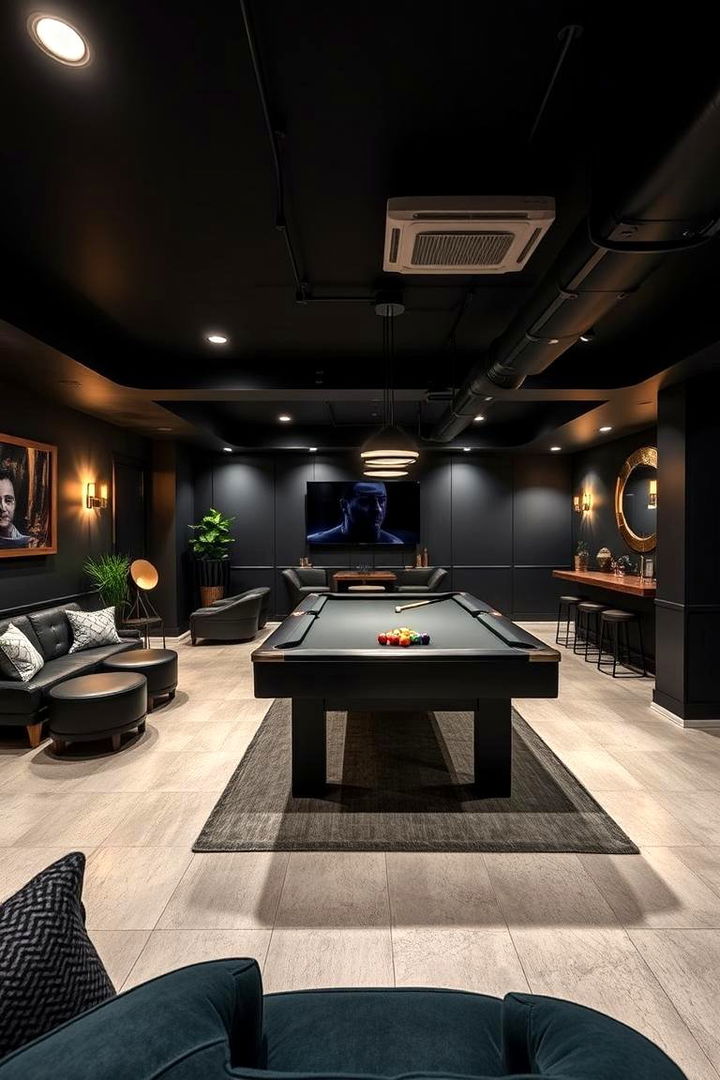 Dynamic Black Pool Table Lounge - 22 black basement ideas