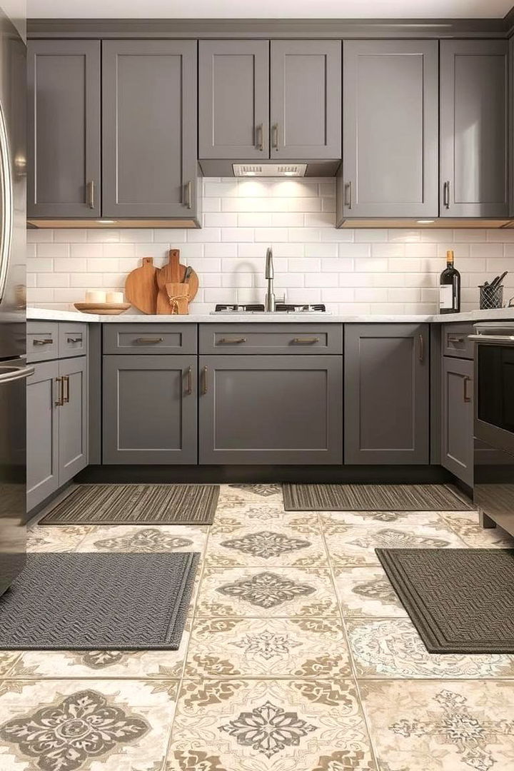 Dynamic Floor Patterns and Mats - 22 Farmhouse Kitchen With Gray Cabinets Ideas