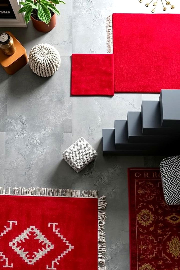 Dynamic Layering with Bold Red Rugs - 22 Red and Grey Living Room Ideas