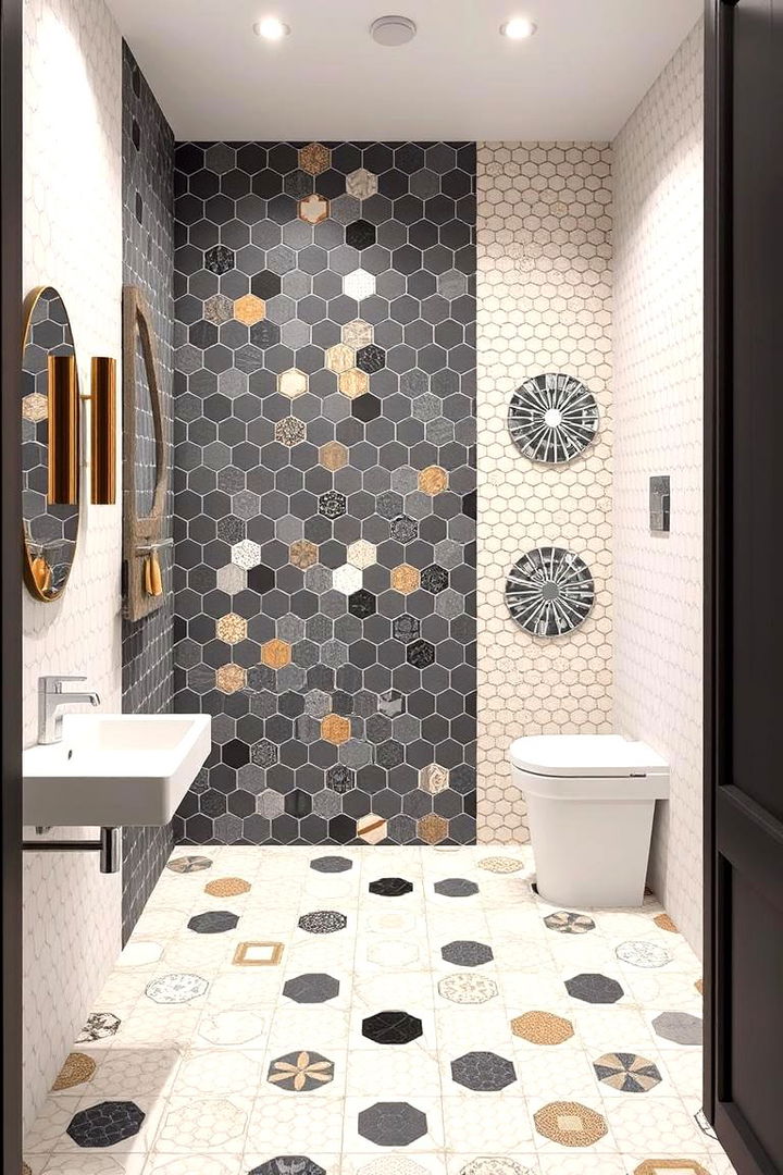 Dynamic Mix of Patterns - 22 Bathrooms With Hexagon Tile Floors