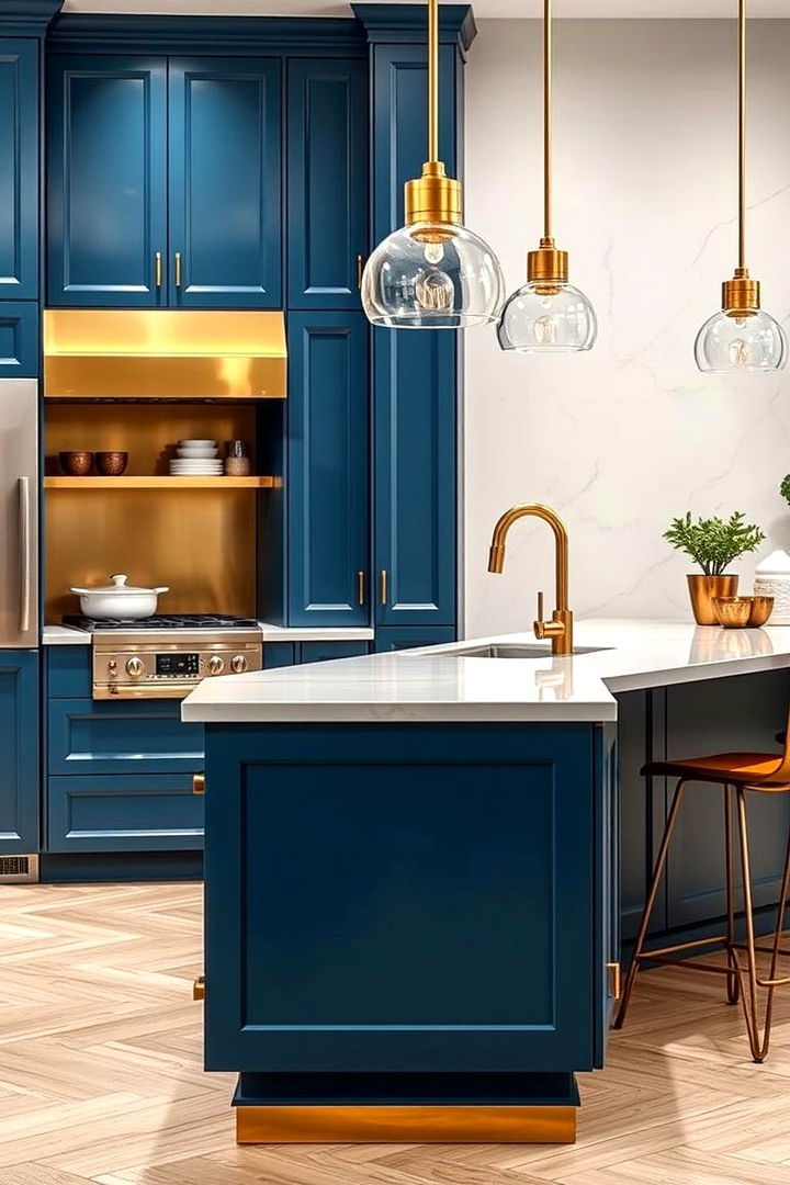 Dynamic Modern Fusion - 22 blue kitchen cabinets with gold hardware