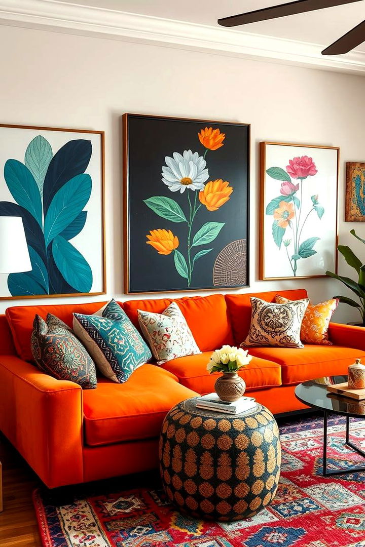 Dynamic Pattern Pairings - 22 Orange Couch Living Room Ideas