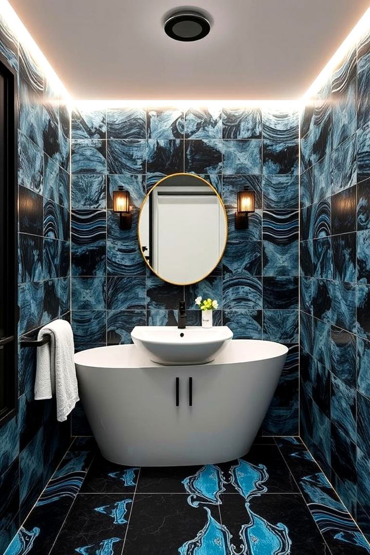 Dynamic Patterned Tiles for Visual Intrigue - 22 black and blue bathroom ideas