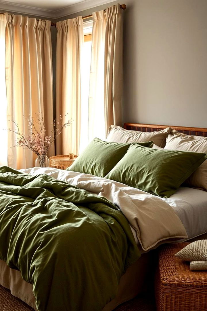 Earthy Bedding and Textiles - 22 Green and Beige Bedroom Ideas