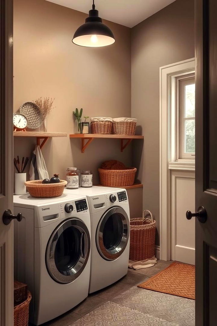 Earthy Color Palette with Soft Ambient Lighting - 22 Rustic Laundry Room Ideas