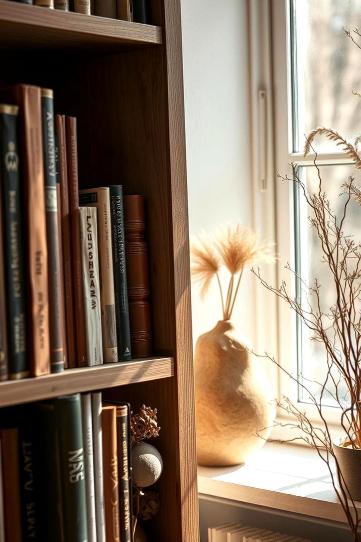 Earthy Toned Bookcase with Natural Textures by Windows - 22 Bookcases Around Window Design Ideas