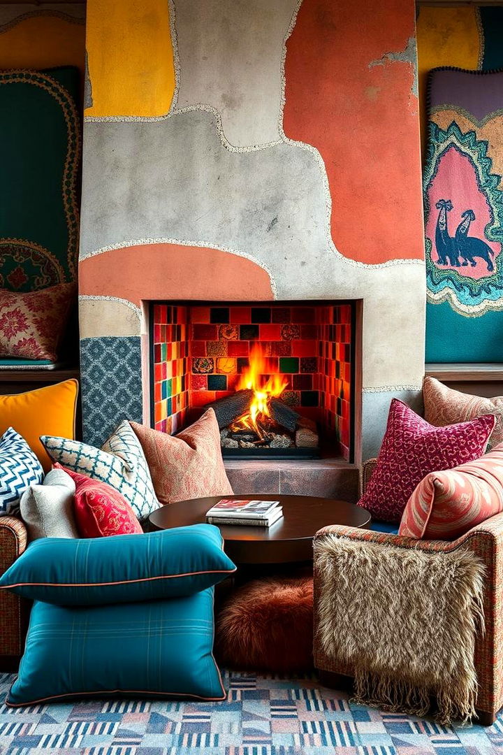 Eclectic Mix of Textures and Colors - 22 Fireplace Seating Ideas