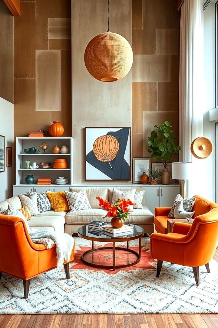 Eclectic Mix with Burnt Orange Statements - 22 Burnt Orange Living Room Ideas