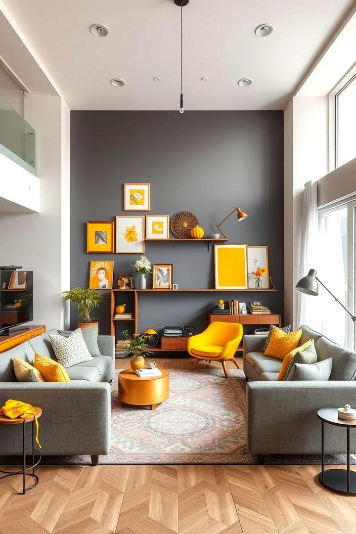 Eclectic Mix with Grey Walls and Yellow Accessories - 22 Grey and Yellow Living Room Ideas