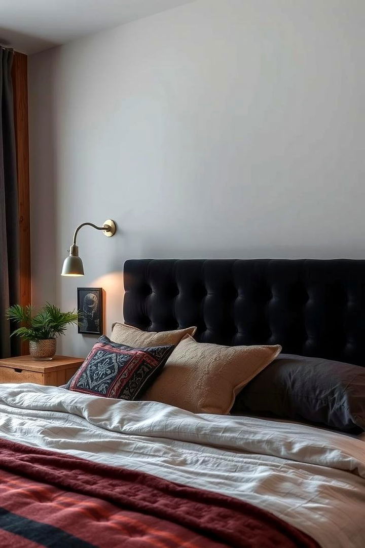 Eclectic Mixed Material Black Headboard - 22 Black Headboard Bedroom Ideas
