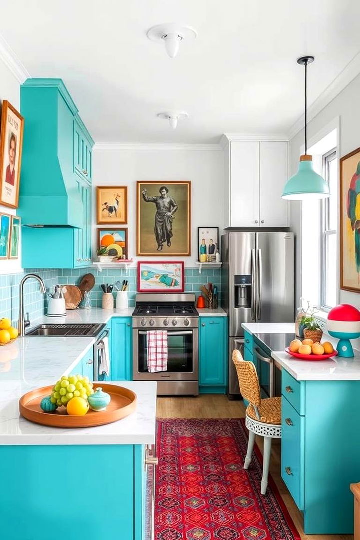 Eclectic Teal and White Kitchen with Bold Art - 22 Teal and White Kitchen Ideas