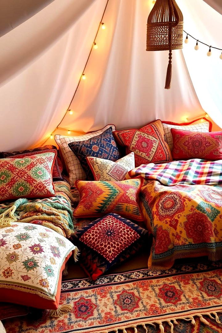Eclectic Textile Mix and Colorful Bedding - 22 Colorful Boho Bedroom Ideas