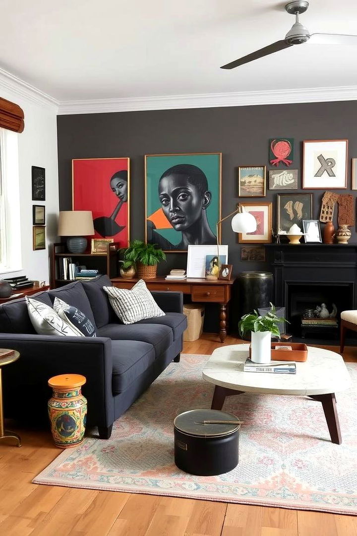 Eclectic Vibe with a Dark Focal Point - 22 dark grey couch living room ideas