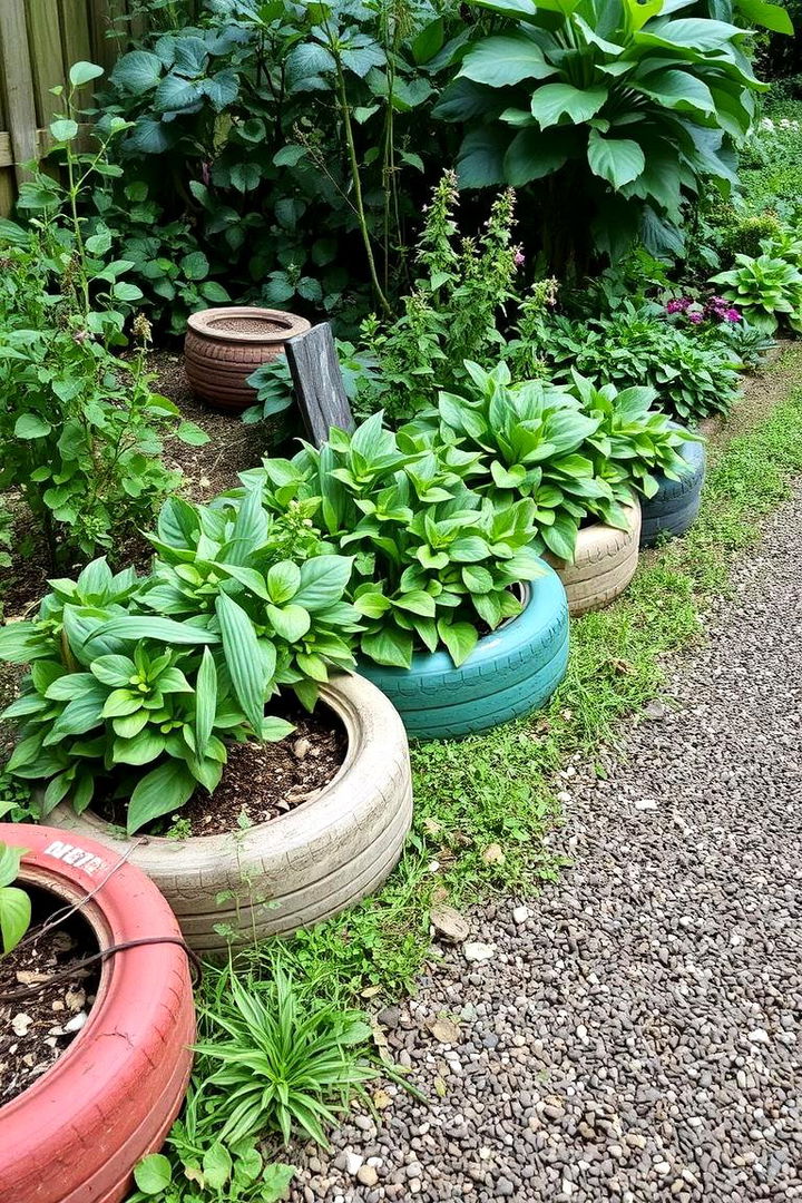 Eco Friendly Tyre Garden Borders with Natural Elements - 22 Recycled Tyre Garden Art Ideas