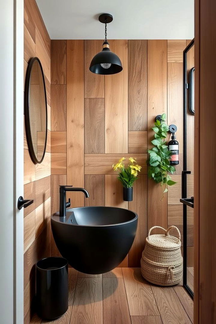 Eco Friendly Wood Integration - 22 Black and Wood Bathroom Ideas