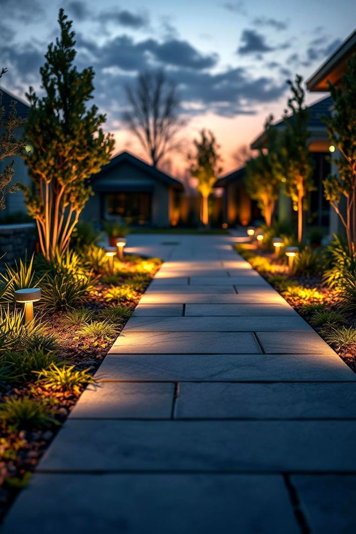Edged with Ambient Lighting - 22 Grey Paver Walkway Ideas
