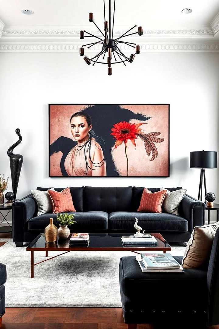 Edgy Contemporary Setup with Statement Art - 22 dark grey couch living room ideas