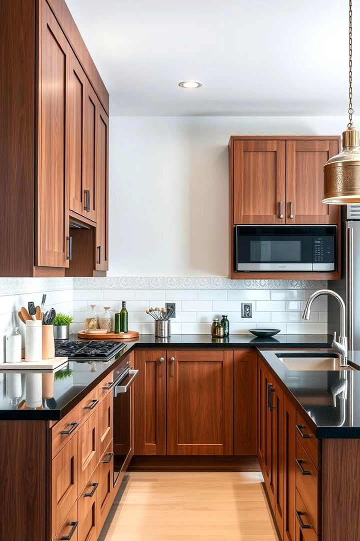 Effortless Maintenance and Durability - 22 Brown Kitchen Cabinets With Black Countertops