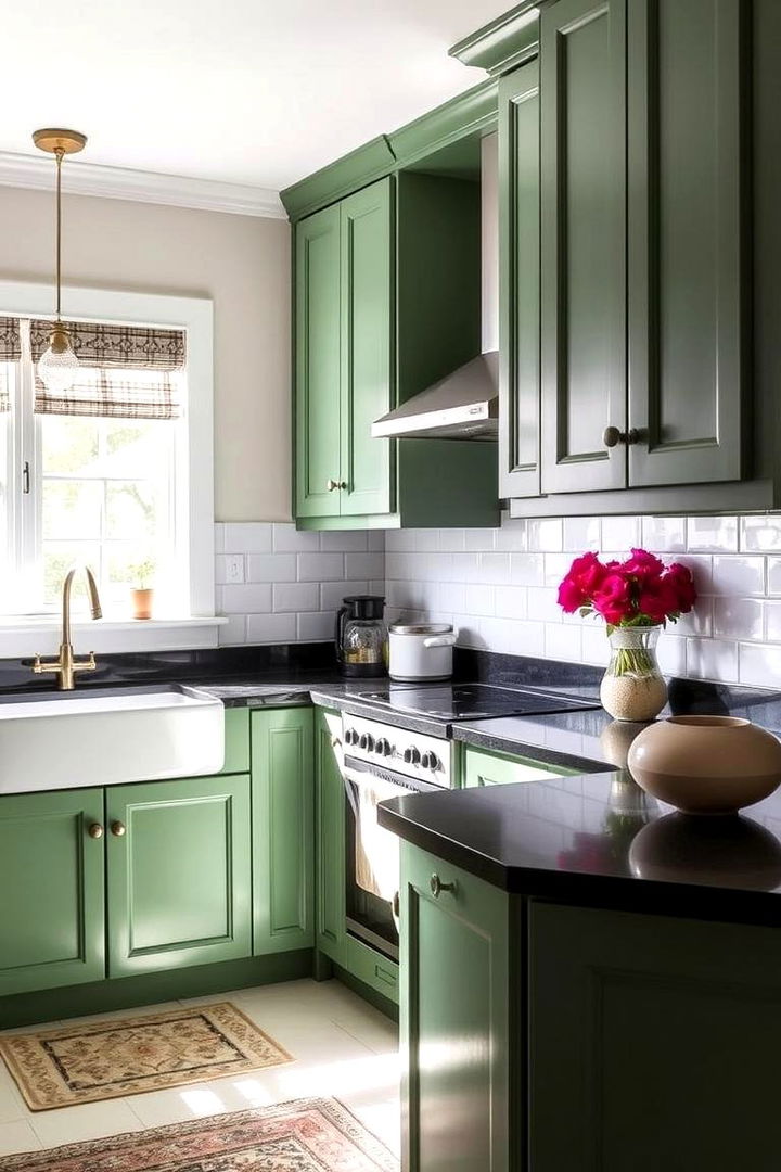 Effortless Maintenance - 22 Green Kitchen Cabinets With Black Countertops