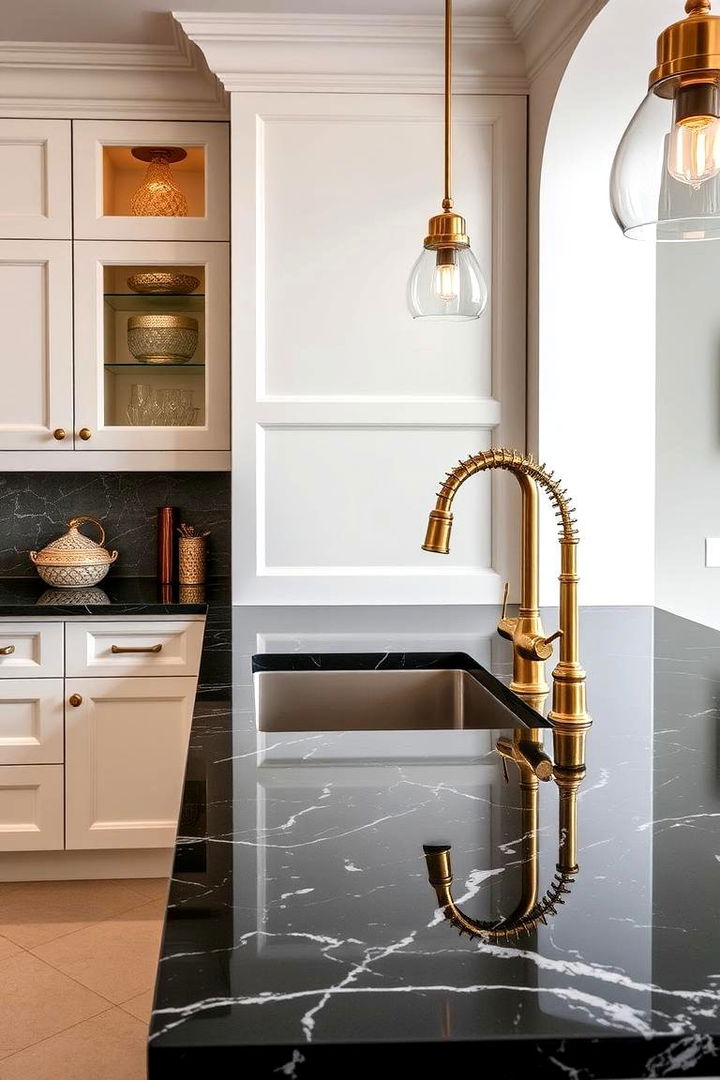 Elegant Black Granite Countertops with Gold Fixtures - 22 Black and Gold Kitchen Ideas