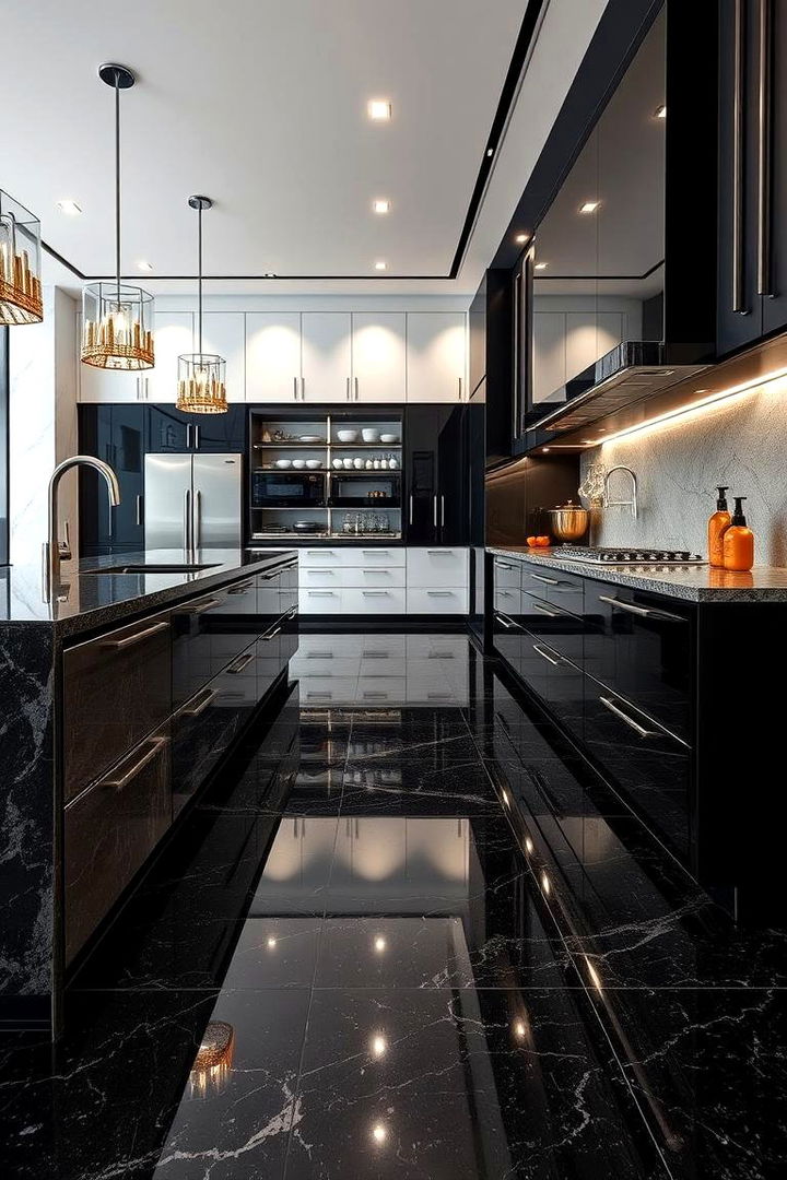 Elegant Black Polished Granite Floors - 22 Black Floor Kitchen Ideas