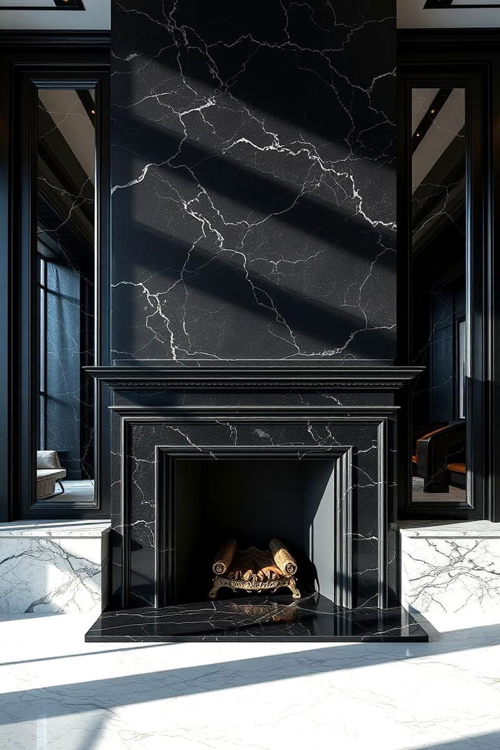 Elegant Black Stone with Marble Accents - 22 Black Stone Fireplace Ideas