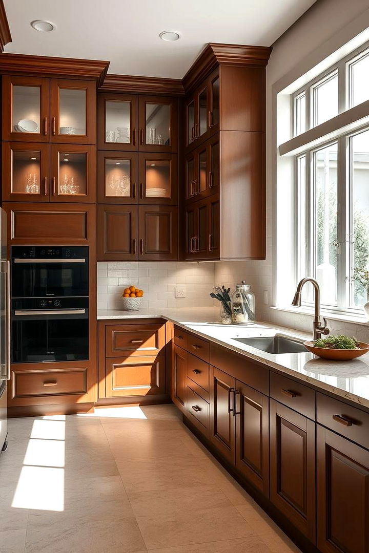 Elegant Brown Cabinetry with Glass - 22 Brown Kitchen Ideas