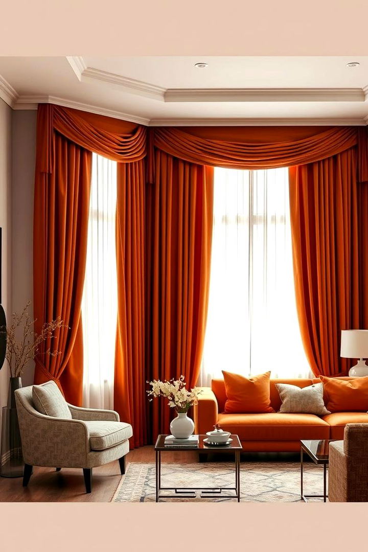 Elegant Burnt Orange Curtains and Draperies - 22 Burnt Orange Living Room Ideas