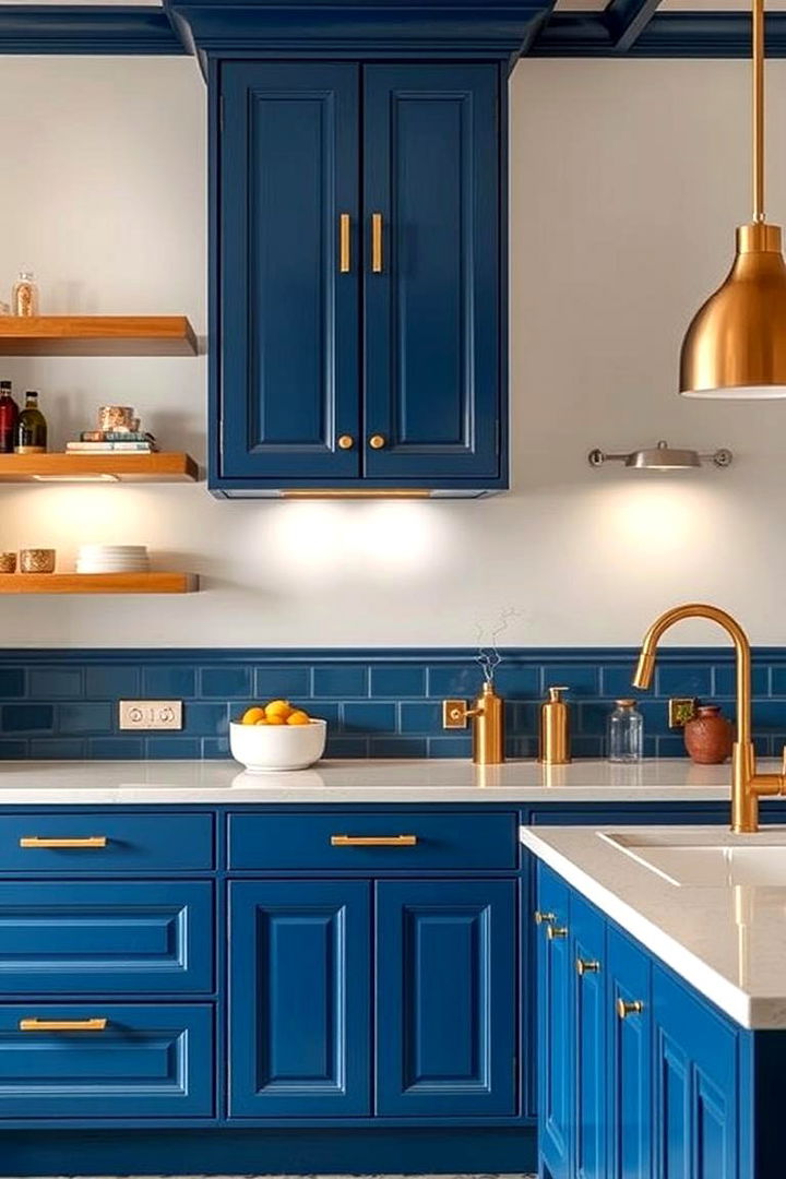 Elegant Contrast with Gold - 22 blue kitchen cabinets with gold hardware