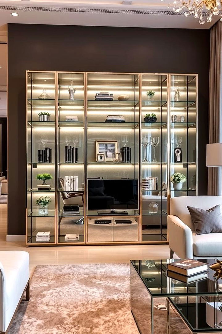 Elegant Glass and Metal - 22 Living Room Bookshelf Ideas