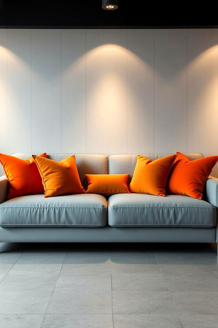 Elegant Grey Sofa with Orange Cushions - 22 Orange and Grey Living Room Ideas