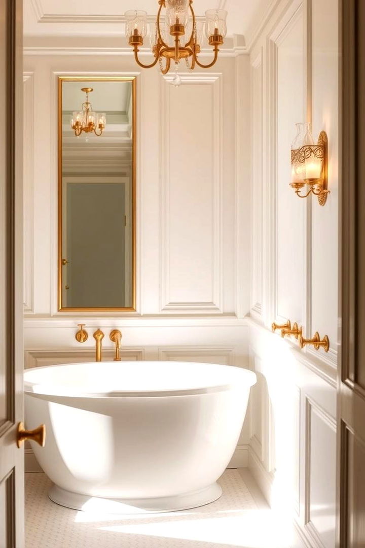 Elegant Lighting and Reflective Elements - 22 White and Gold Bathroom Ideas