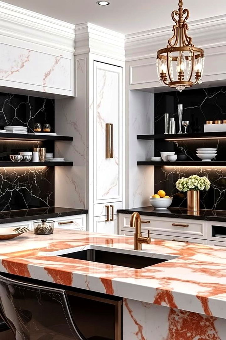 Elegant Marble Accents - 22 red and black kitchen ideas