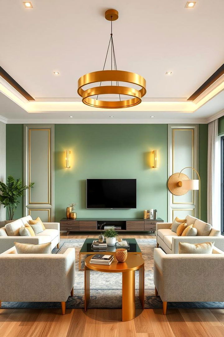 Elegant Metallic Fixtures - 22 Green and Gold Living Room Ideas