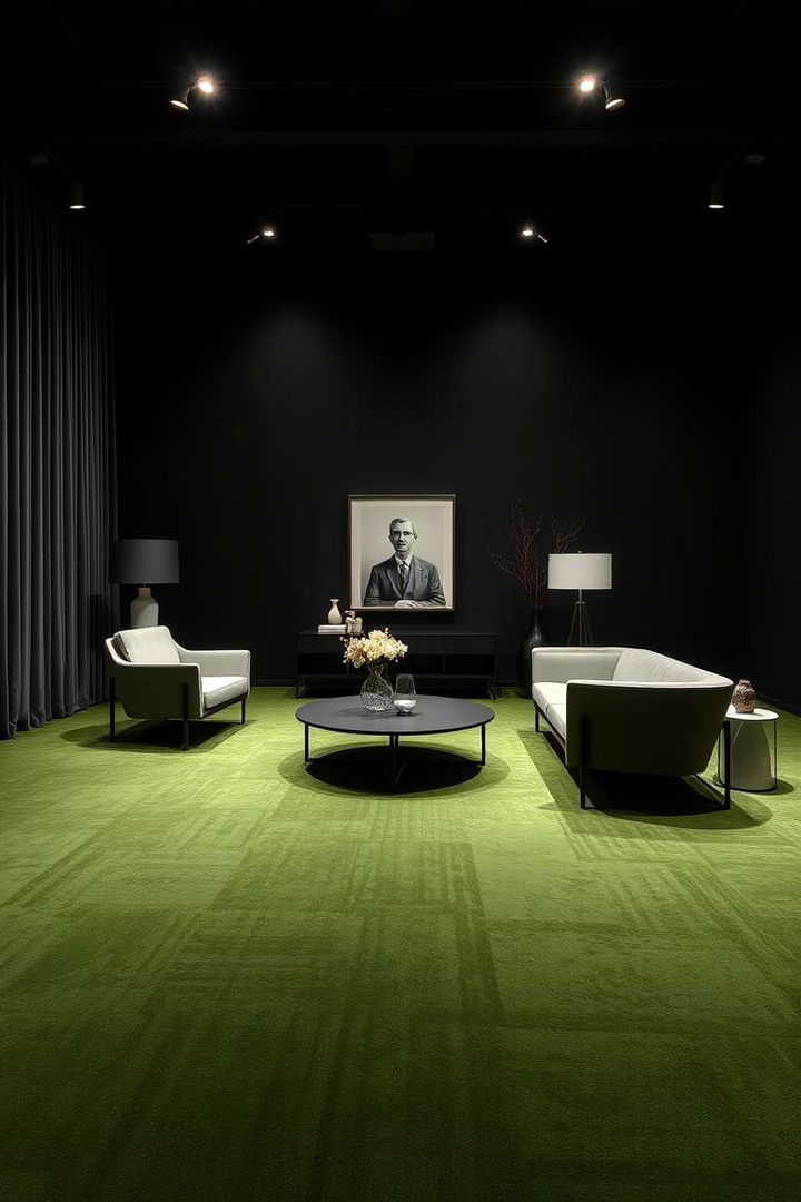 Elegant Monochrome with Green Hues - 22 Green Carpet Living Room Ideas