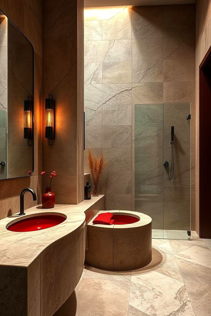 Elegant Red Chiseled Stone Bathrooms - 22 Red Bathroom Ideas