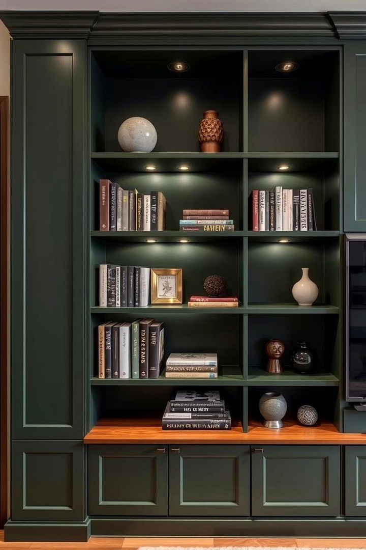 Elegant Shelving Arrangements - 22 Dark Green Home Library Ideas and Inspiration