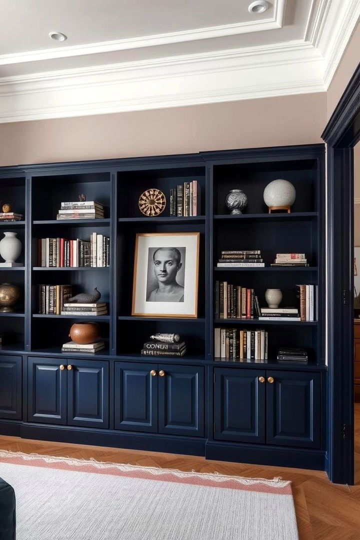 Elegant Shelving with Navy Accents - 22 Navy Blue Bedroom Ideas
