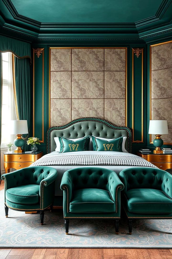 Elegant Upholstered Furniture - 22 Emerald Green and Gold Bedroom Ideas