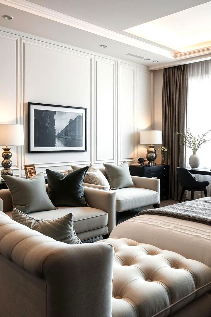 Elegant Upholstered Seating - 22 Feminine Black and White Bedroom Ideas