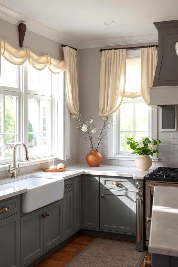 Elegant Window Treatments - 22 Farmhouse Kitchen With Gray Cabinets Ideas