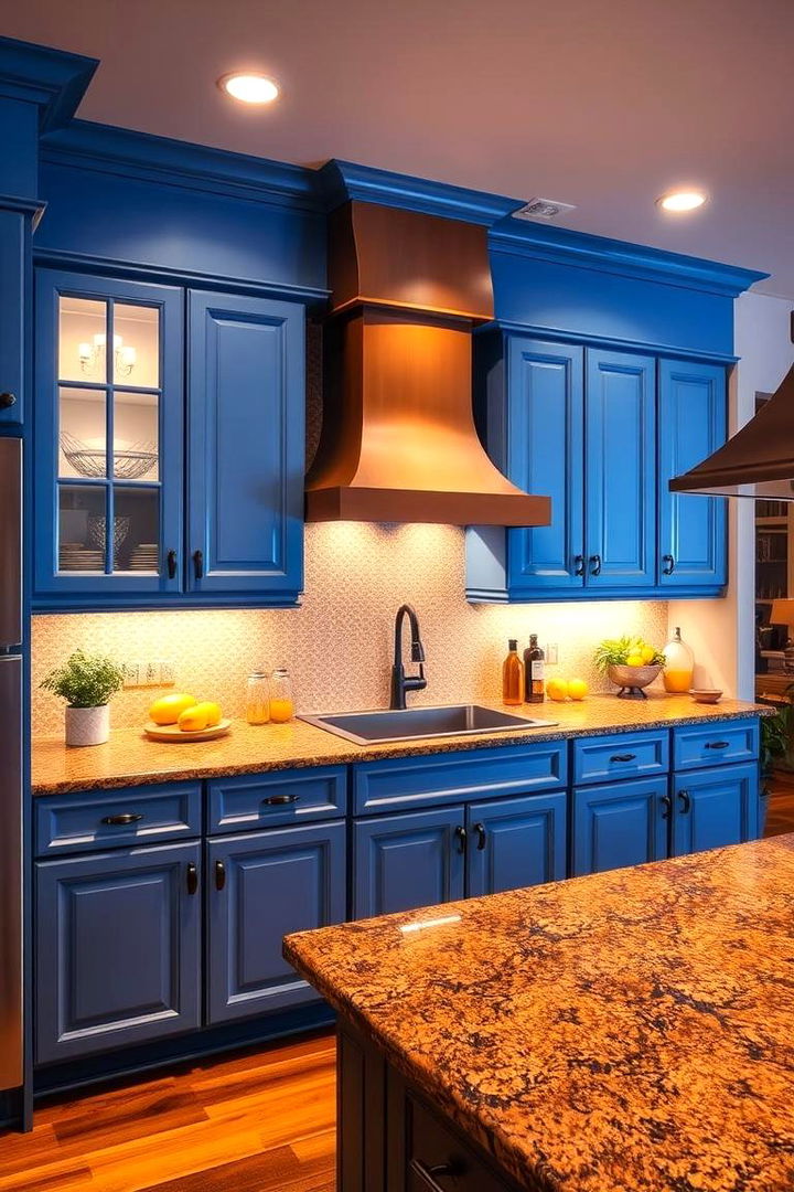 Elevated Aesthetic with Accent Lighting - 22 blue kitchen cabinets with brown granite countertops