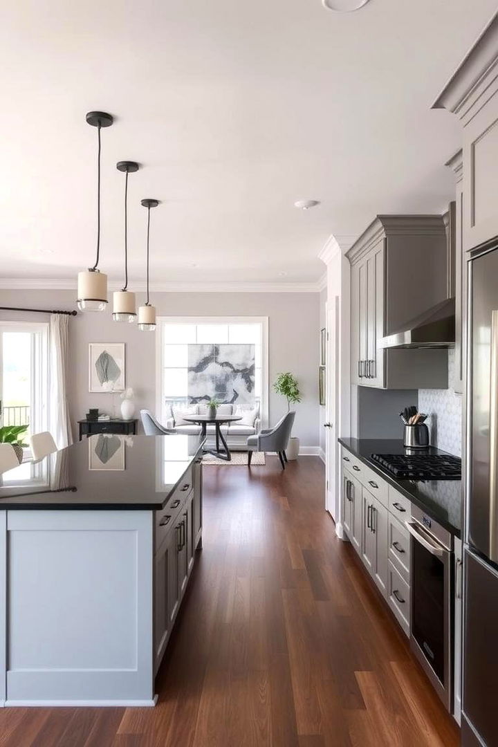 Embracing Open Layout Integration - 22 Kitchen With Gray Cabinets And Black Countertops Ideas