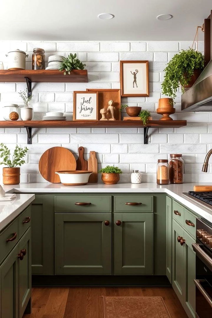 Embracing Open Shelving and Display Ideas - 22 Rustic Sage Green Kitchen Cabinets