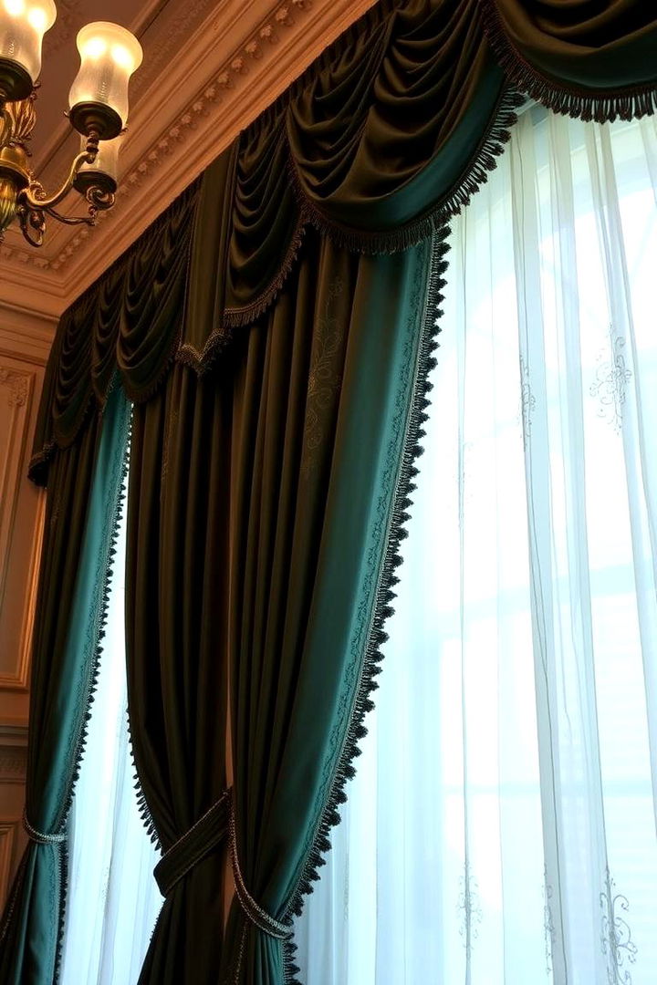 Embroidered Draperies in Dark Green Elegance - 22 Victorian Dark Green Living Room Ideas